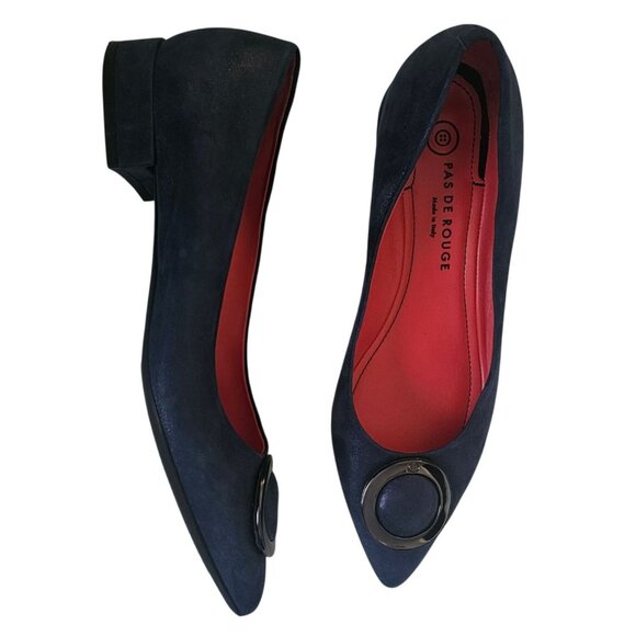PAS DE ROUGE Women's Navy Blue Suede Pointed Toe Low Block Heel Shoes Size 40.5 - Picture 3 of 8